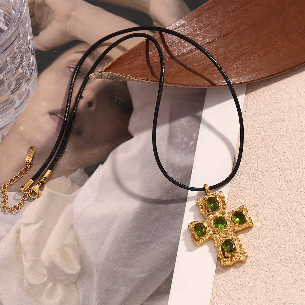 Vintage-Inspired Geometric Cross Pendant Necklace for Women Stainless Steel with 18K Gold Plating Hammered Texture Black Cord and Green Rhinestone Accents
