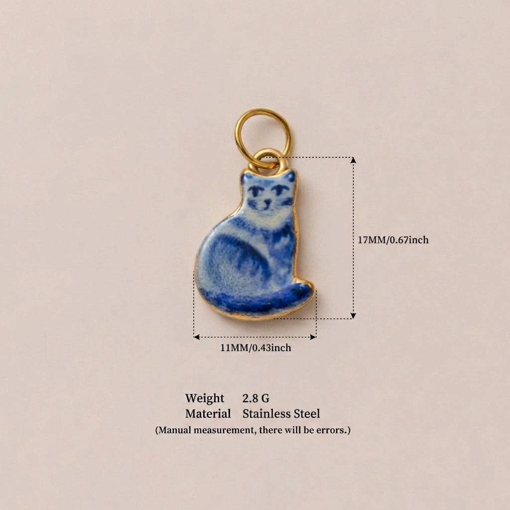 Cute Cat Cartoon Ceramic Drip Oil Plated Stainless Steel Charm Bar Pendant