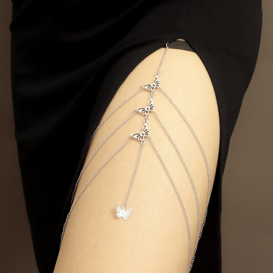 Cadena de tobillo sexy con flecos huecos de mariposa multicapa para mujer, cadena de cuerpo de aleación con diseño geométrico
