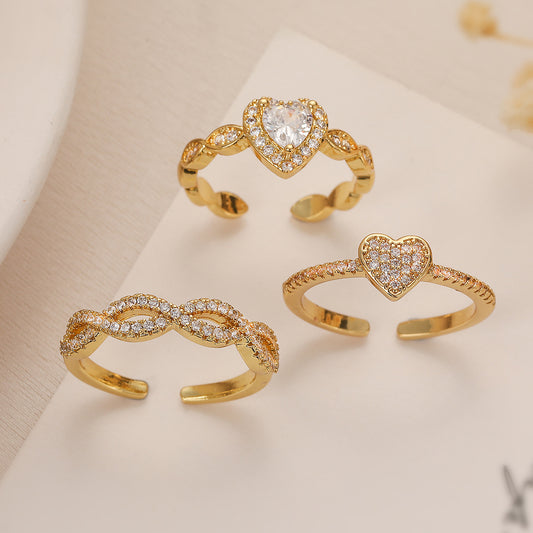 Anillo de cobre minimalista con forma de corazón geométrico, chapado en oro real e incrustaciones de circonitas para mujer