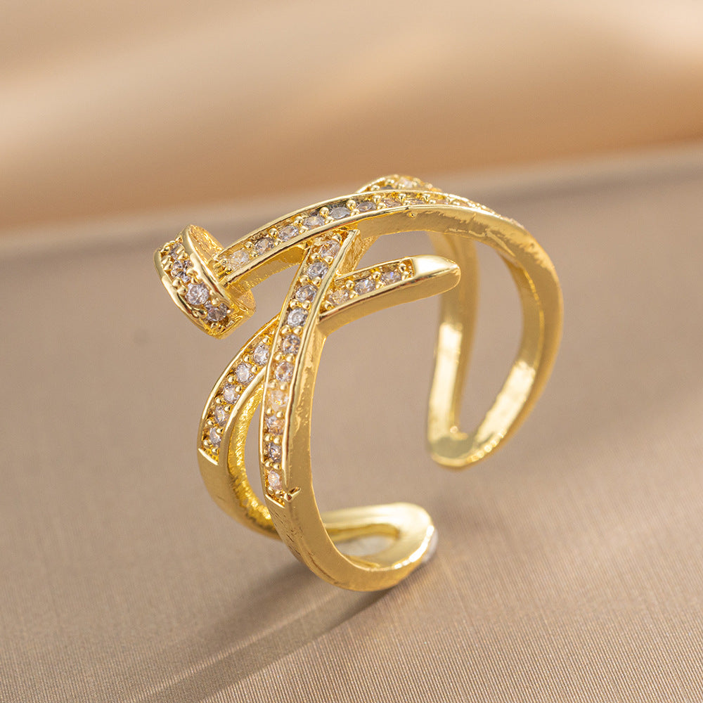 Luxury Minimalist Adjustable Open Ring for Women with Gold-Plated Copper Band and Zircon Stone Accent in Heart and Floral Shape