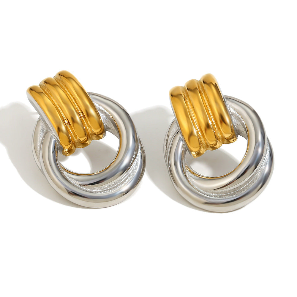 Minimalist Geometric Stainless Steel Earrings with 18K Gold Plating, Interlocking Dual-Tone Hoop Design for Women