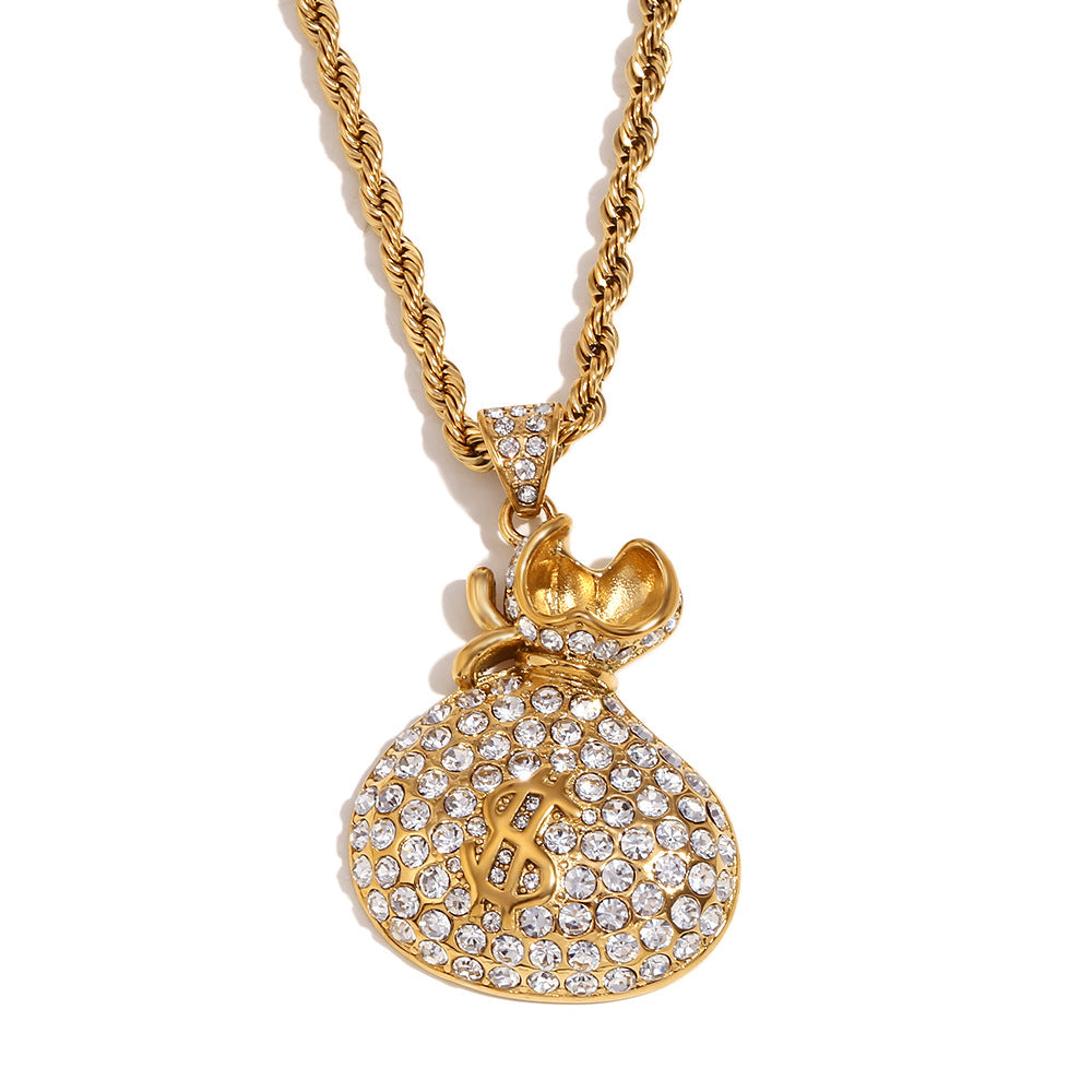 Collar con Colgante de Bolsa de Dinero Geométrico Minimalista para Hombre en Acero Inoxidable con Baño de Oro de 18K y Incrustaciones Completas de Diamantes de Imitación en Cadena Retorcida