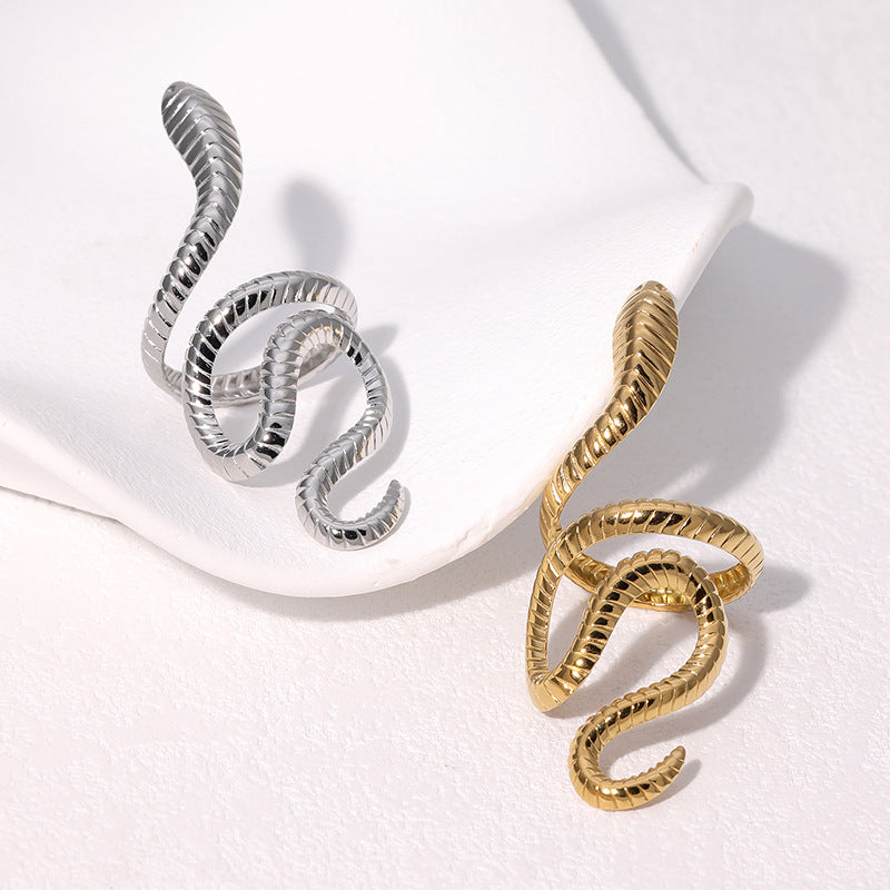 Minimalist Snake-Shaped Open Ring in Stainless Steel with Gold Plating for Women