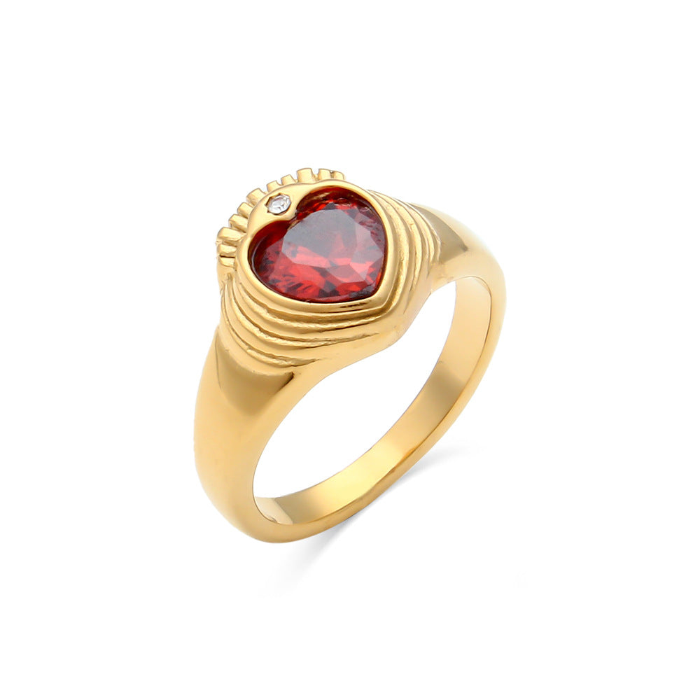 Luxury Vintage-Inspired Geometric Crown Heart Ring in Stainless Steel with 18K Gold Plating and Zircon Inlay