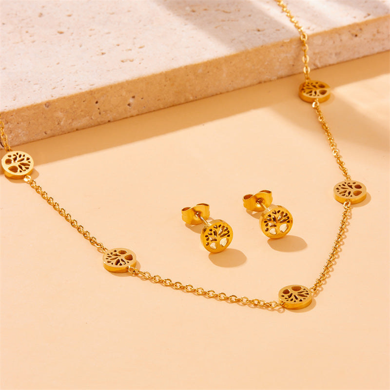 Set di collana, orecchini e bracciale con ciondolo tondo ad albero placcato in acciaio inossidabile, stile chic da ufficio minimalista