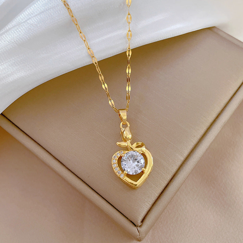 Collar de Acero de Titanio con Forma de Corazón Estilo Dibujo Animado y Incrustaciones de Pedrería para Mujeres, Cadena de Clavícula de Moda