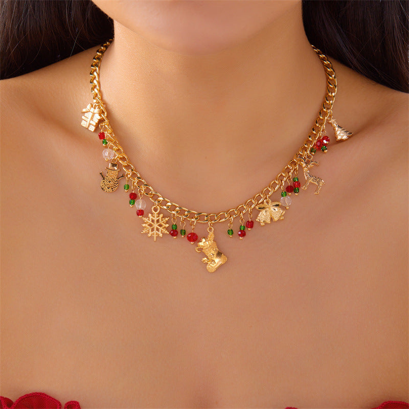Collar con colgante de árbol de Navidad con campana y copo de nieve, estilo vintage, de aleación chapada con cadena en O, para mujer