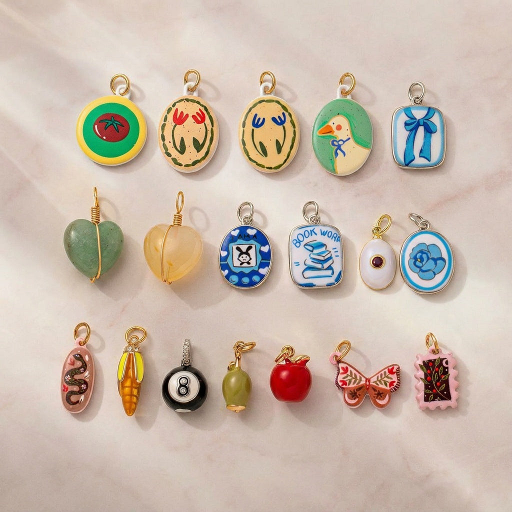 Vintage Artistic Hand-Painted Floral Animal Geometric Cartoon Brass Pendant Necklace