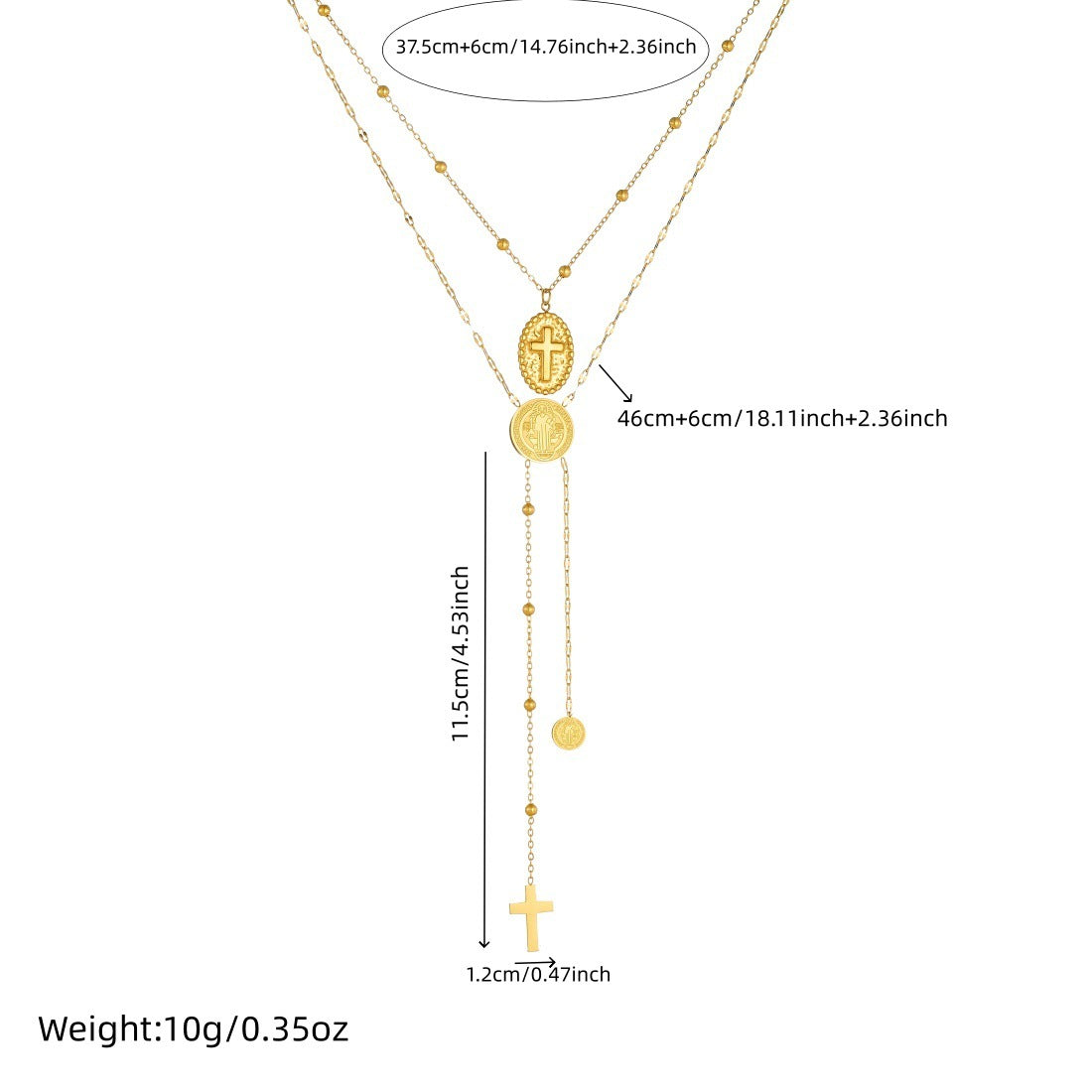 Vintage Gold Plated Stainless Steel Multi-Layer Cross and Round Relief Portrait Necklace for Women