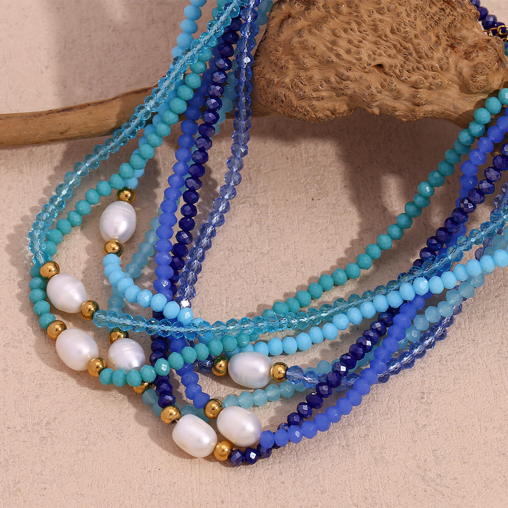 Minimalist Geometric Stainless Steel Pendant Necklace with Freshwater Pearl and Blue Crystal Beads for Women