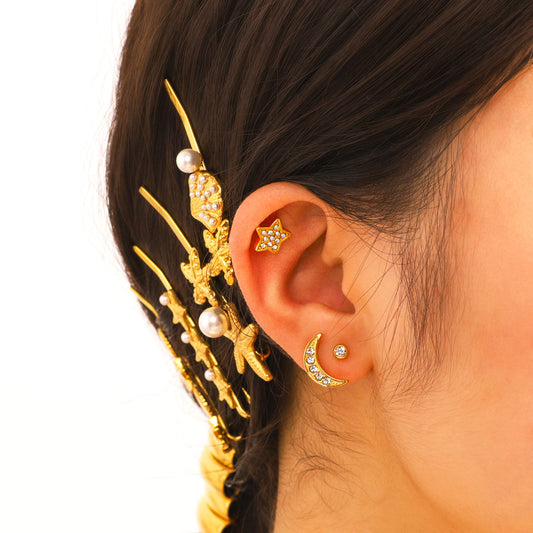 Conjunto de pendientes minimalistas de acero inoxidable con estrella y luna, con chapado al vacío de oro de 18 quilates para mujer