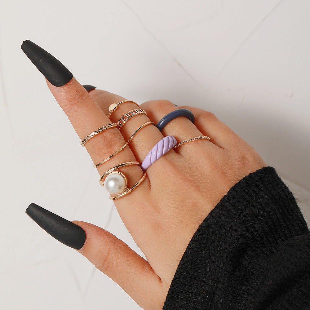 Minimalist Geometric Butterfly Rhinestone Pearl Drip Oil Alloy Ring Set for Women