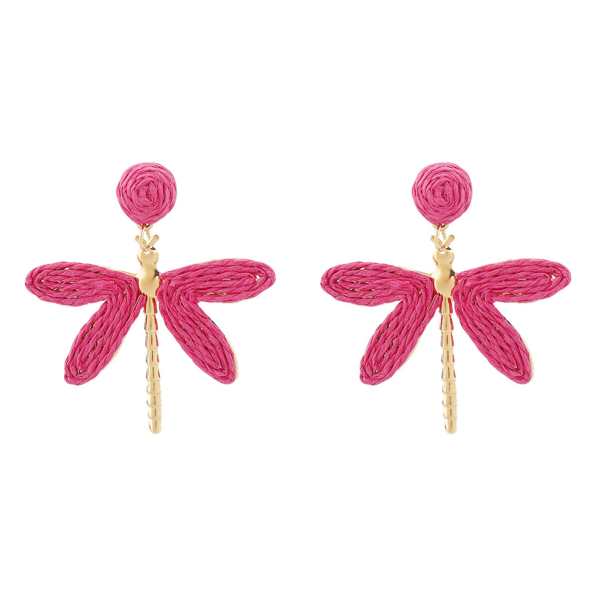 Vacation Style Handwoven Raffia Dragonfly Earrings for Women Alloy and Raffia Lightweight Bohemian-Inspired Fashion Earrings