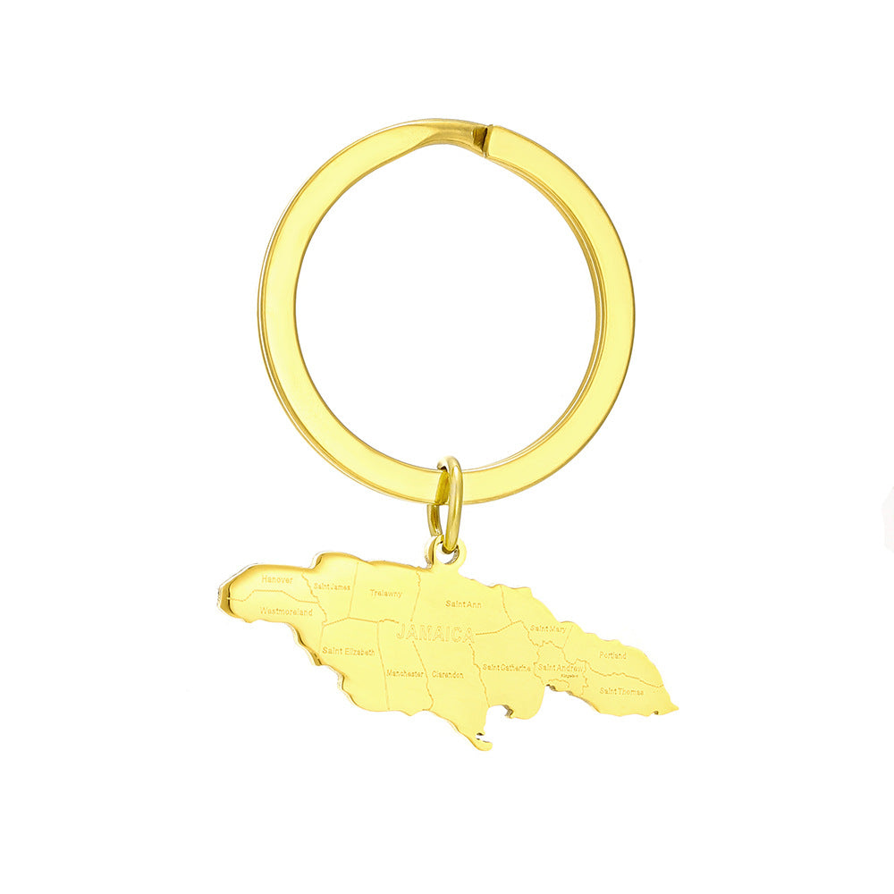 Llavero con colgante de mapa de Jamaica y ciudad estilo étnico en acero de titanio para hombres y mujeres