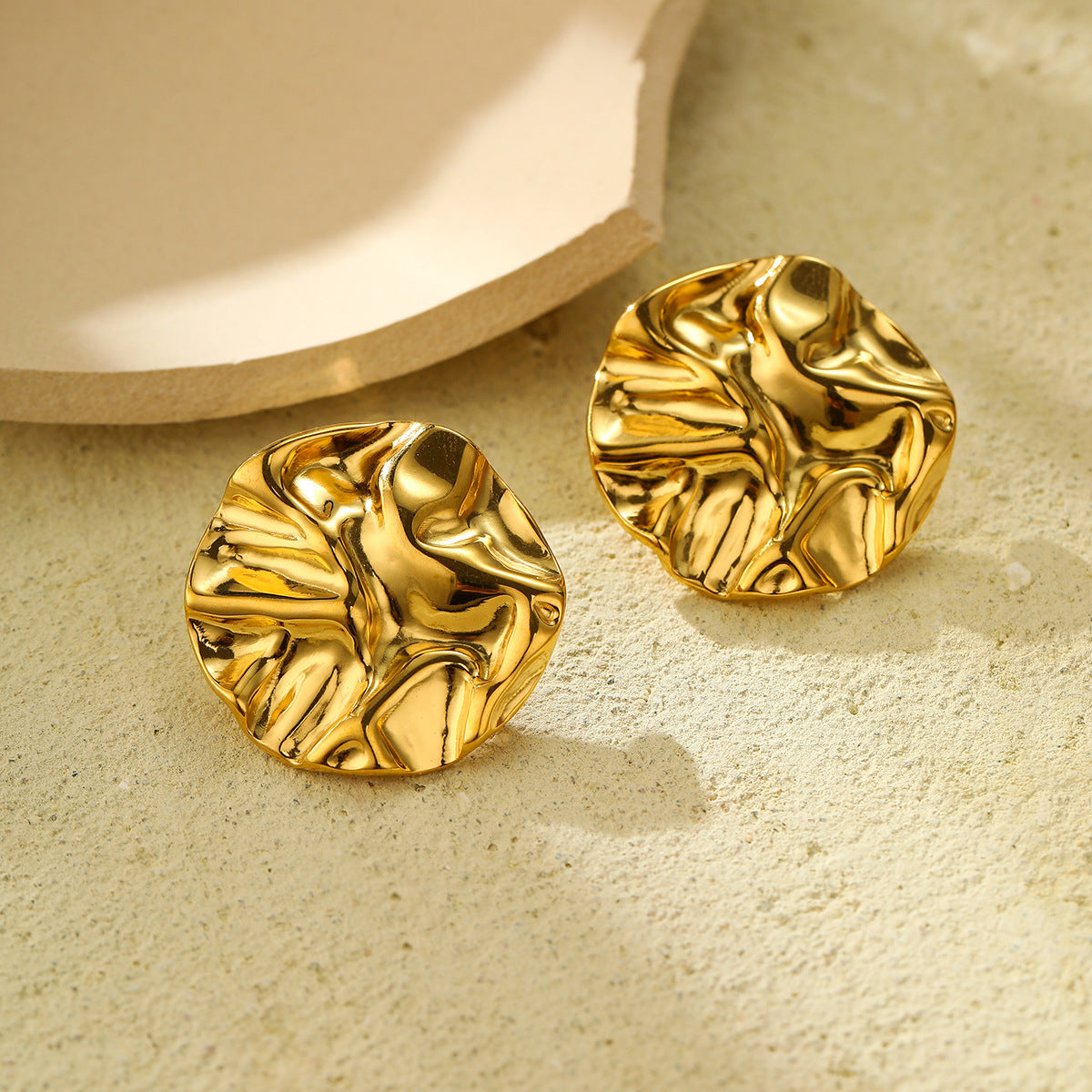 Vintage Geometric Stainless Steel Earrings with 18K Gold Plating Round Folded Design Fashion Ear Studs for Women