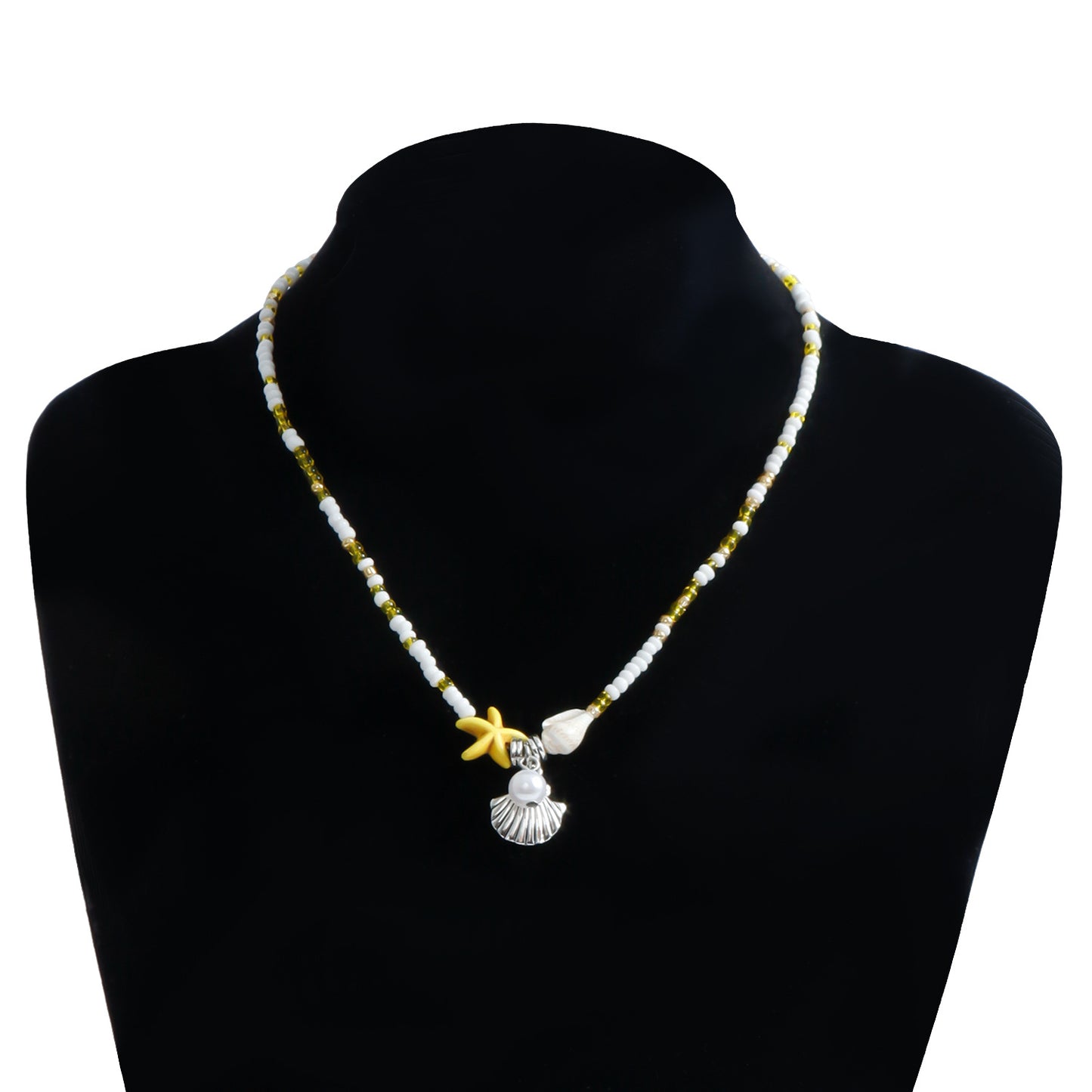 Bohemian Starfish Pendant Necklace for Women with Geometric Seashell Beads and Alloy Plated Clavicle Chain