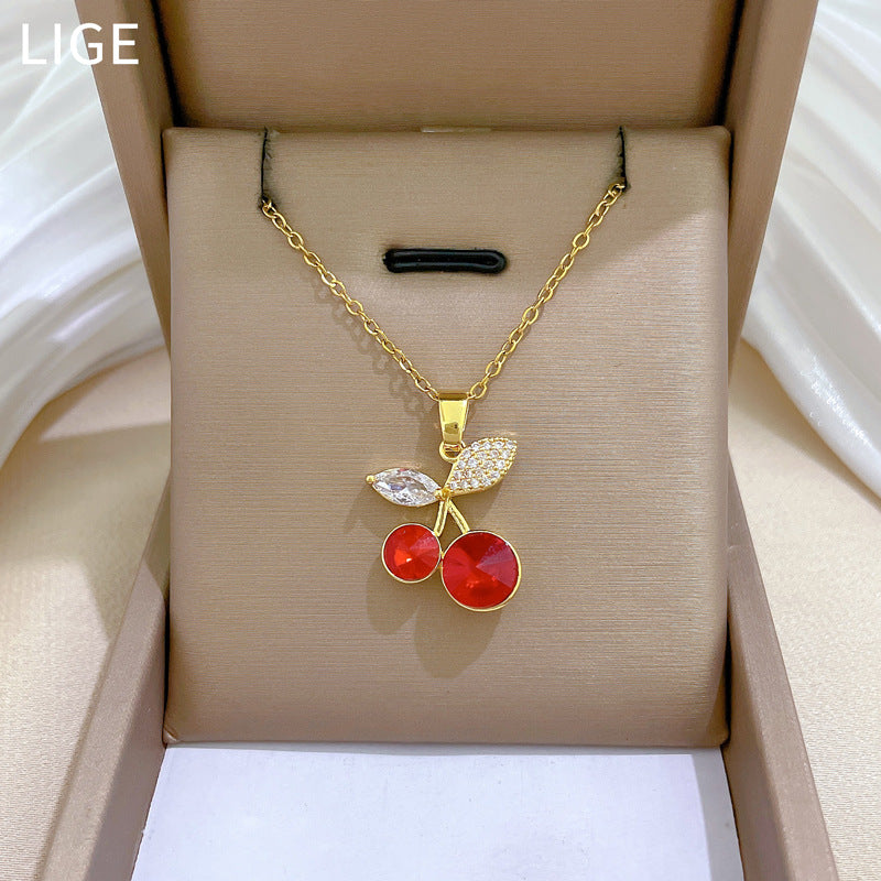 Collar de Acero Inoxidable con Forma de Cereza de Dibujos Animados con Incrustaciones de Pedrería para Mujer, Delicada Cadena de Clavícula de Estilo Fresco y Dulce