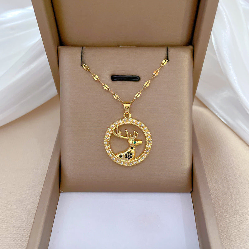 Minimalist Geometric Lucky Deer Pendant Necklace for Women and Men Stainless Steel Snake Chain with Rhinestone Accents