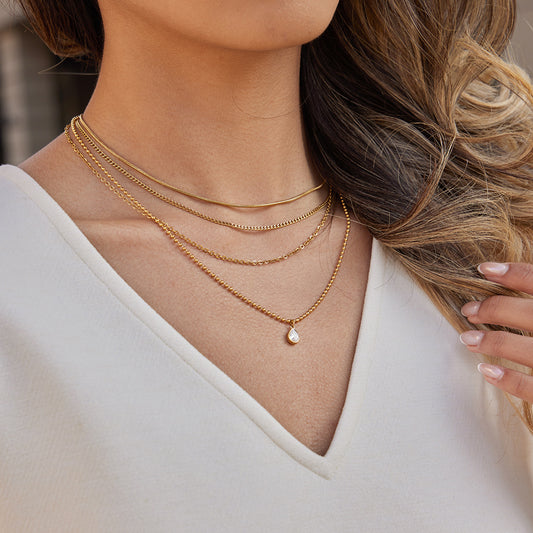 Collar con colgante geométrico minimalista de acero de titanio con incrustaciones de circonita para mujer, cadena de clavícula multicapa de acero inoxidable chapado en oro al vacío PVD