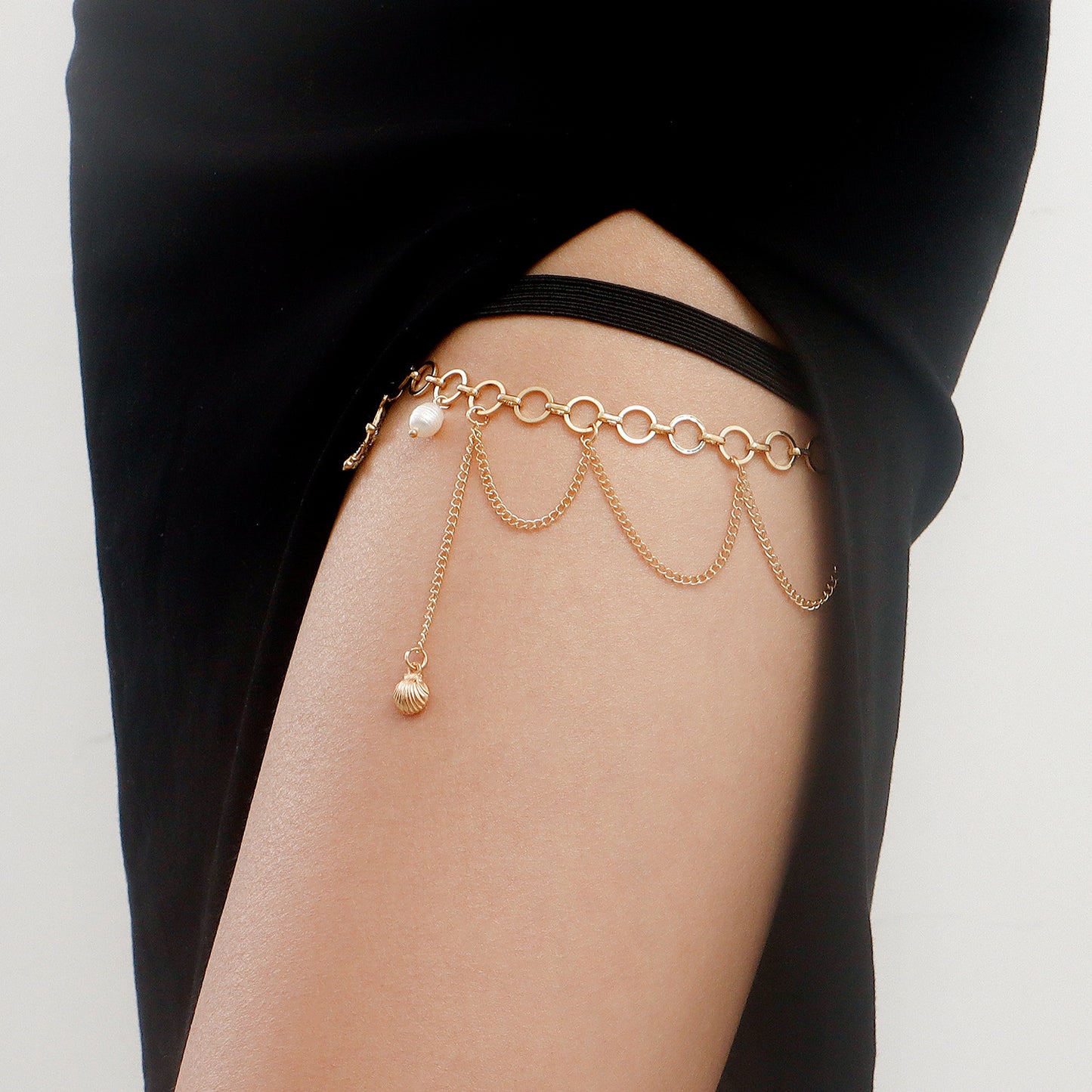 Geometric Starfish and Seashell Pendant Freshwater Pearl Elastic Leg Chain for Women