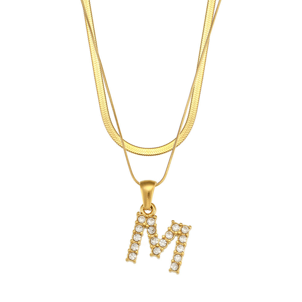 Fashionable Minimalist Letter Pendant Necklace in Stainless Steel with 18K Gold Plating and Cubic Zirconia on Double Snake Chain for Women