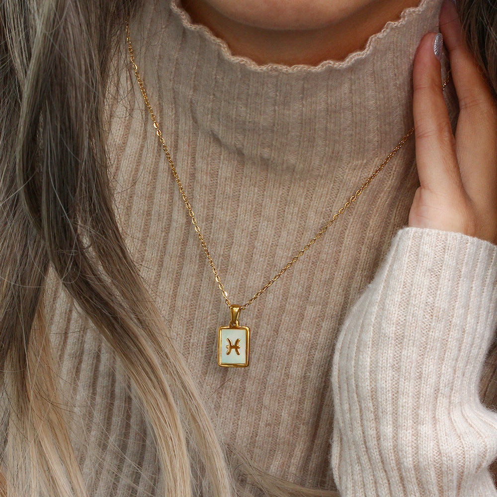 Collana con ciondolo segno zodiacale alla moda da donna con catena in acciaio inossidabile e intarsio in conchiglia naturale a forma di quadrato geometrico