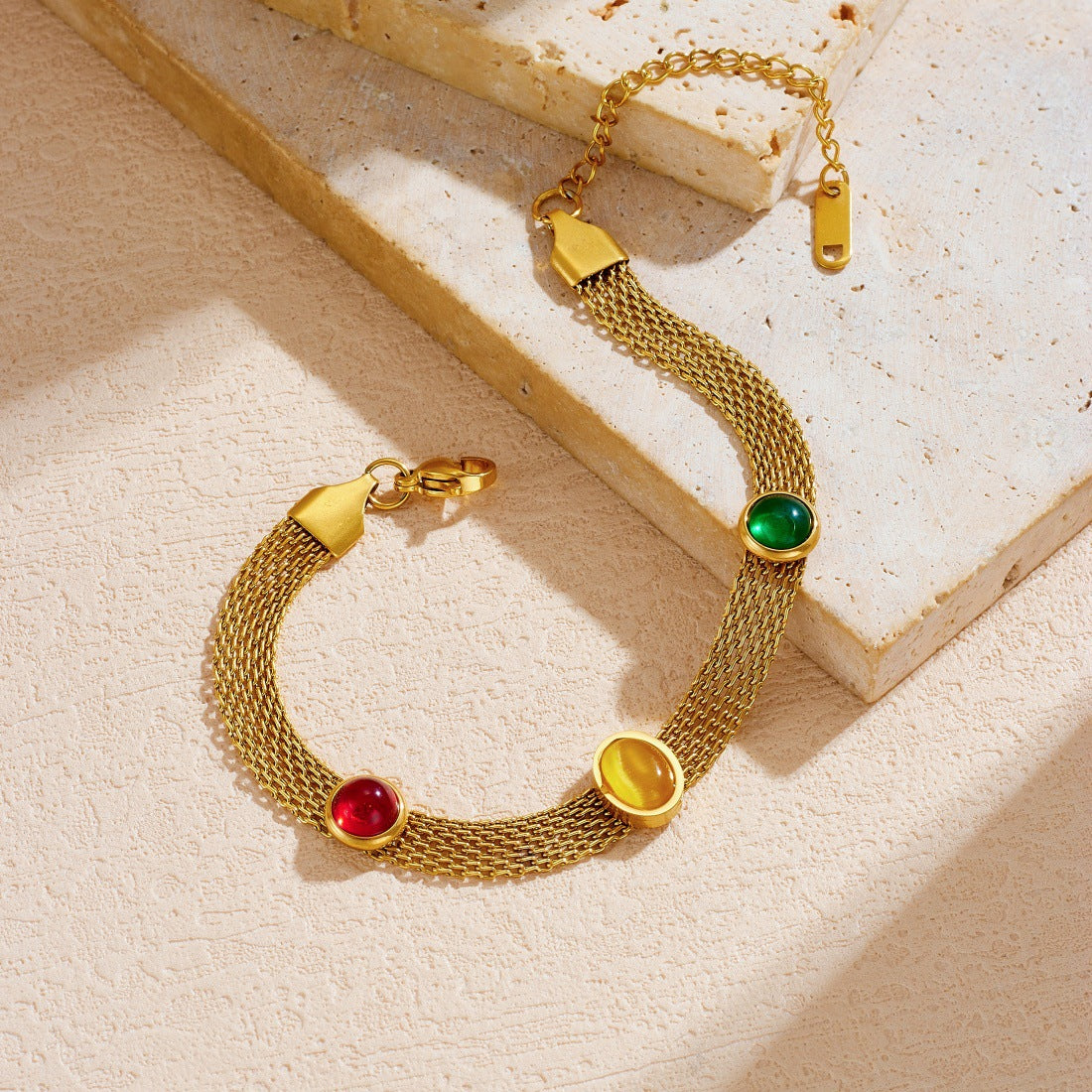 Vintage Gold Plated Mesh Chain Oval Geometric Resin Stainless Steel Bracelet for Women