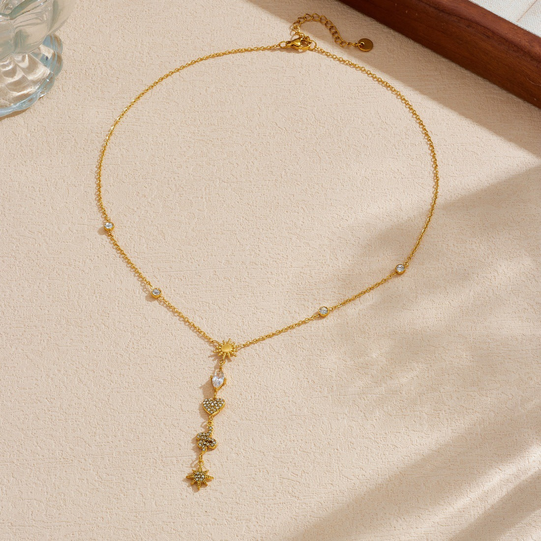 Vintage Gold Plated Stainless Steel Star Heart Rhinestone Pendant Necklace for Women