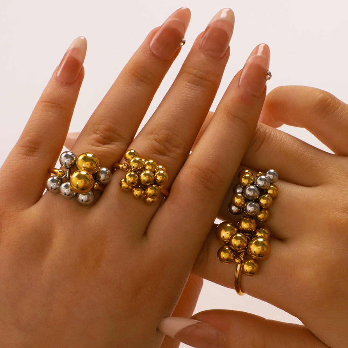 Minimalist Geometric Stainless Steel Ring with Asymmetrical Grape Cluster Design and 18K Gold Plating for Women