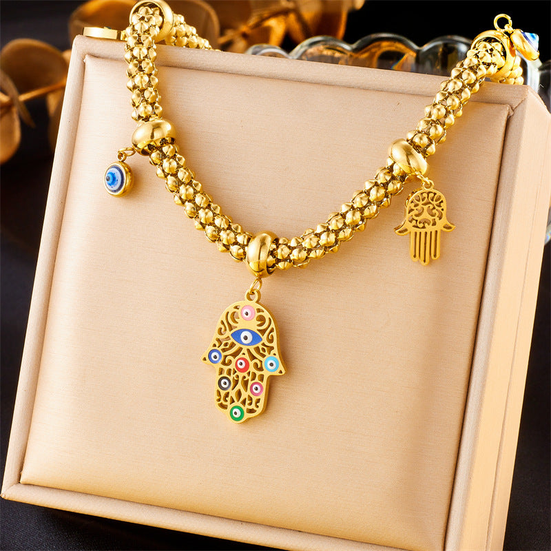 Collana Pendente Mano e Occhio in Acciaio Inossidabile Placcato Oro Doppio Strato Vintage