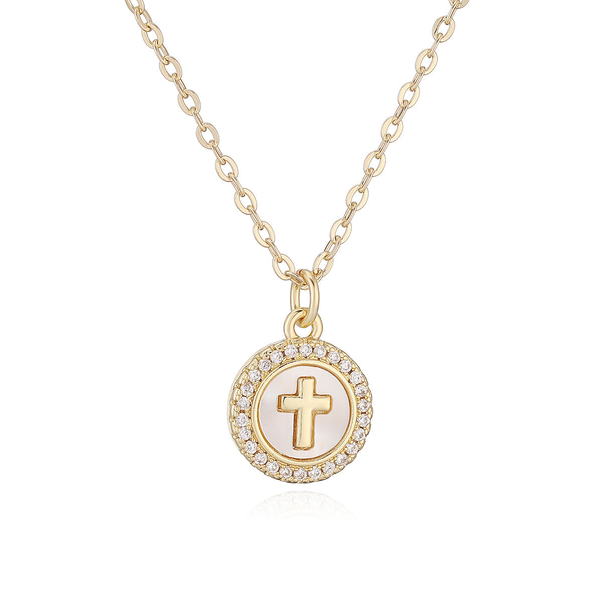 Minimalist 18K Gold Plated Brass Round Cross Pendant Necklace with Cubic Zirconia for Women