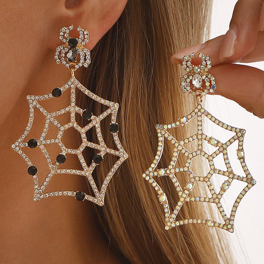 Halloween Spider Web Earrings for Women with Rhinestone Inlay Alloy Construction Festive Fashion Statement Jewelry