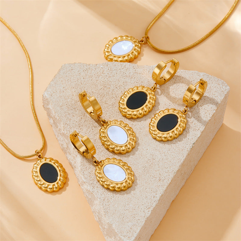 Vintage Office Chic Plated Stainless Steel Oval Geometric Necklace and Earrings Set