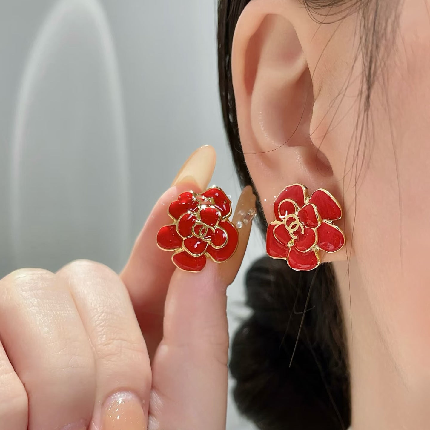 Sweet Floral Enamel Gold Plated Brass Earrings with 925 Sterling Silver Posts