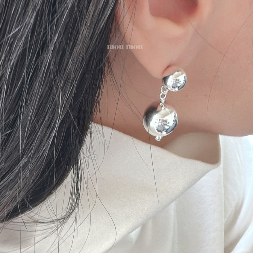 Minimalist Round Bead Stud Earrings in 925 Sterling Silver with Geometric Faceted Cubic Design