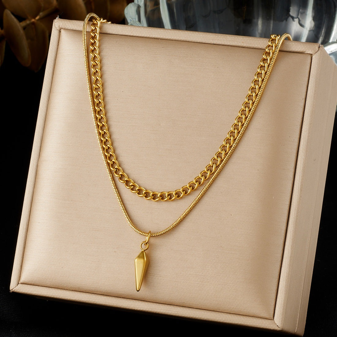 Punk Hip-hop Gold Plated Stainless Steel Rivet Pendant Double Layer Snake Chain Necklace