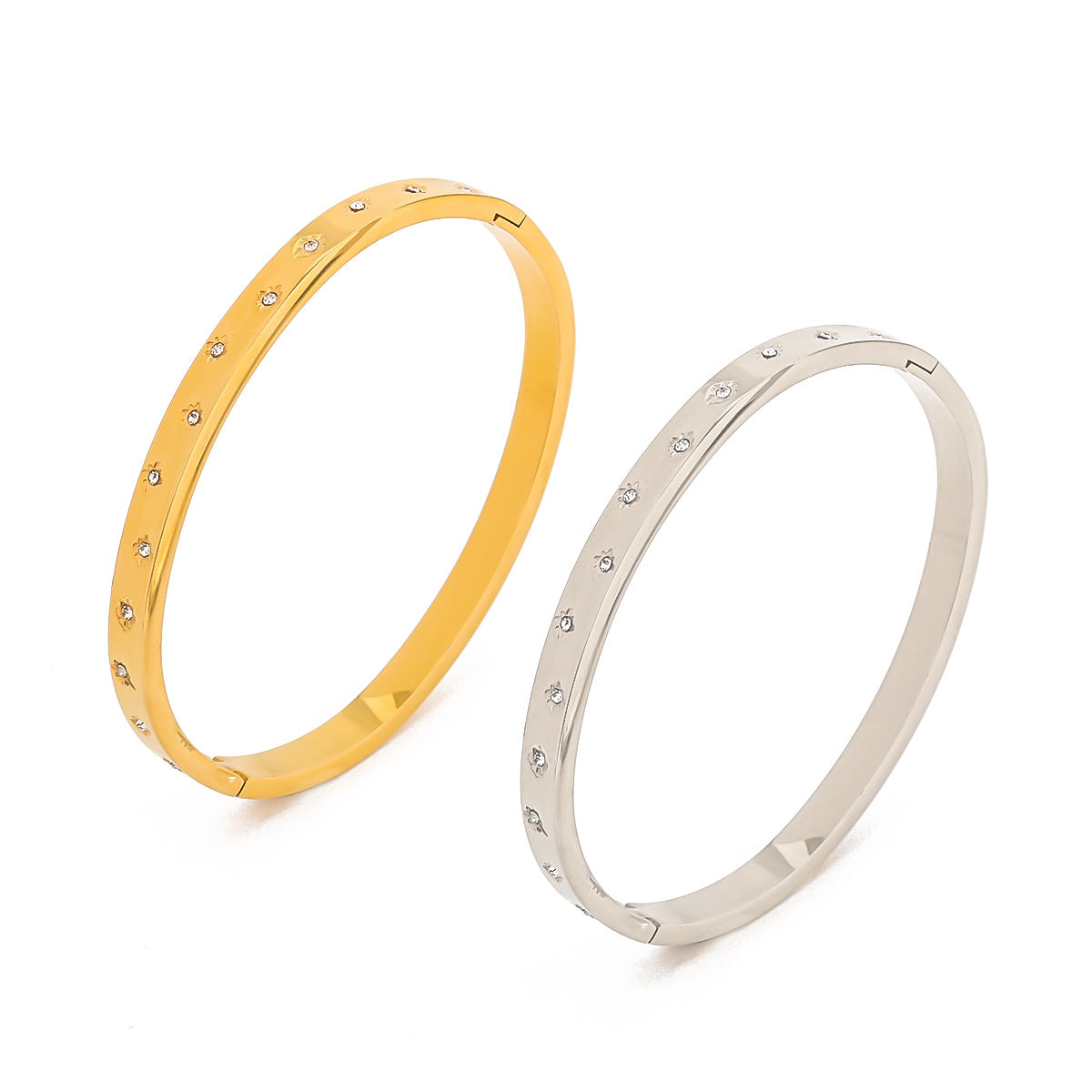 INS Style Irregular Eight-Pointed Star Cuff Bracelet in Stainless Steel with Rhinestone Inlay and Plated Finish