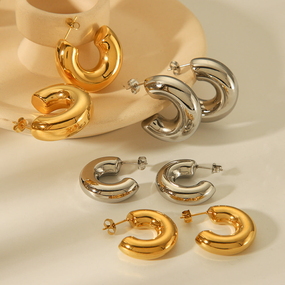 Minimalist Geometric Hollow Stainless Steel Electroplated Earrings for Women with C-Shaped Design