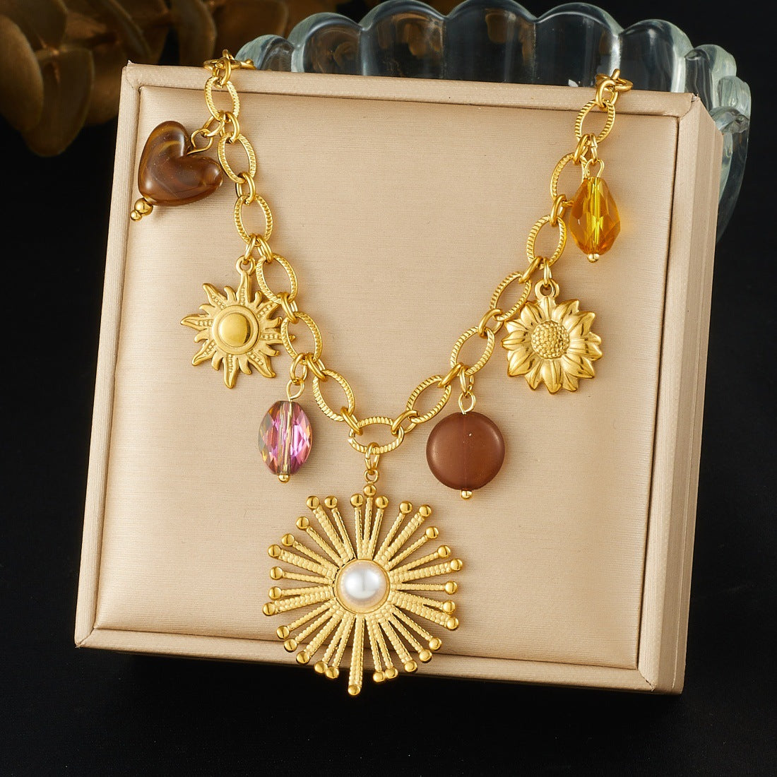 Vintage Gold Plated Stainless Steel Floral Pearl Pendant Necklace Cable Chain