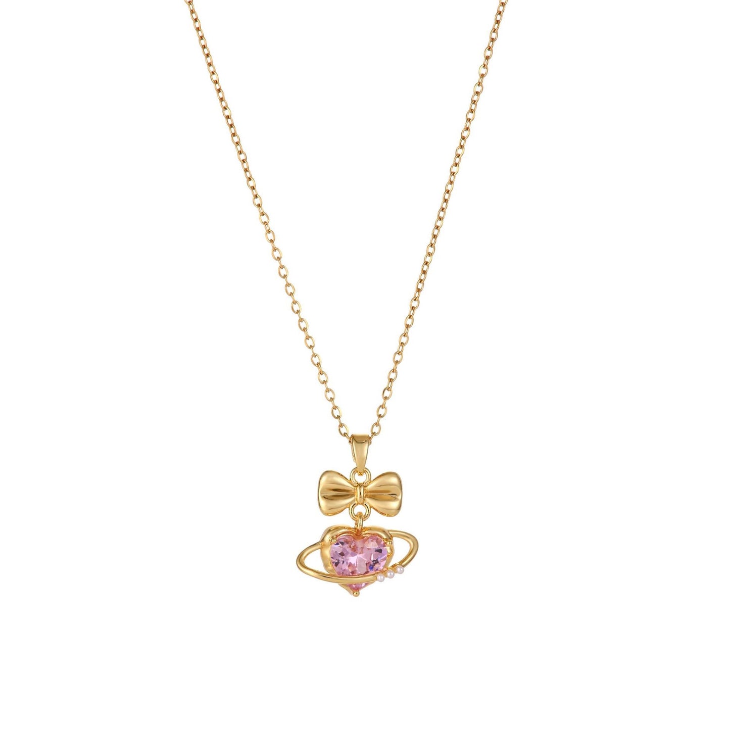 Sweet Minimalist Bow and Heart Shaped Titanium Steel Pendant Necklace with Rhinestone Inlay on O-Chain for Women