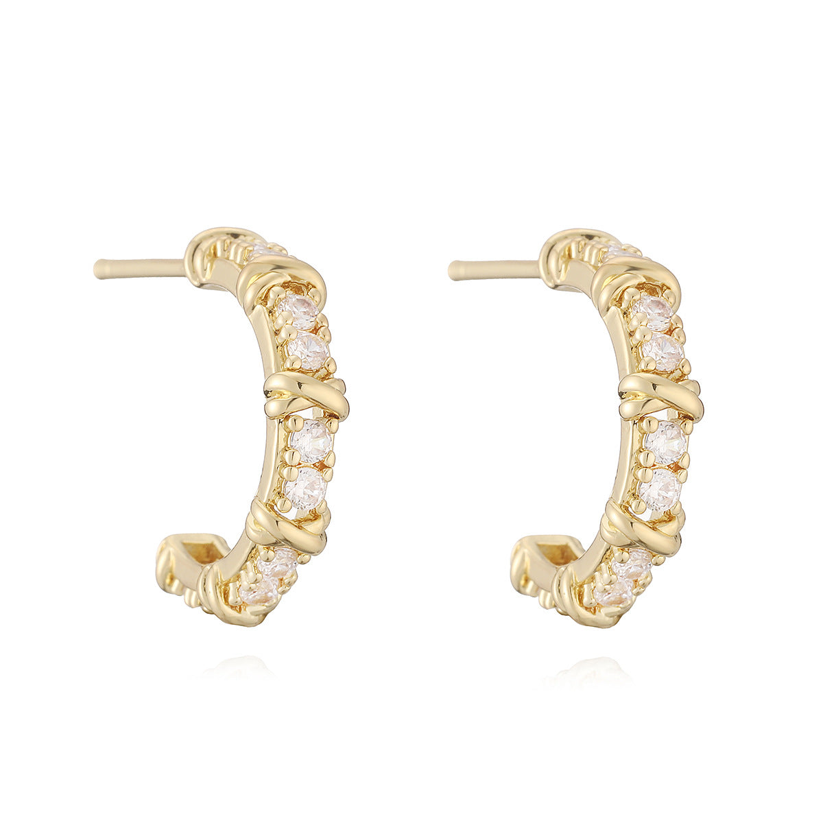 Minimalist Casual Geometric Brass Gold Plated Cubic Zirconia C-Shape Stud Earrings for Women
