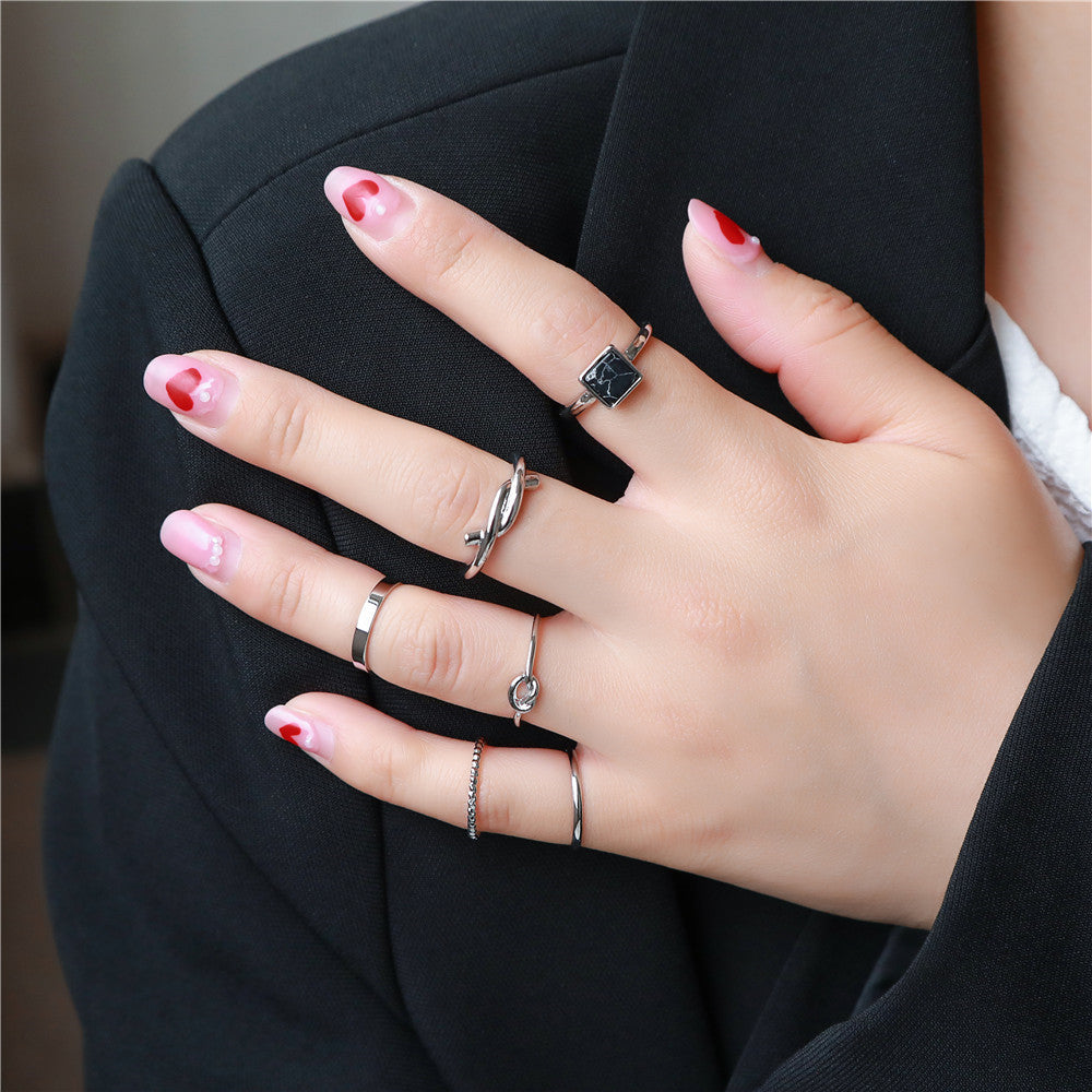 Sweet Geometric Round Turquoise Inlay Plated Alloy 6-Piece Open Ring Set for Women