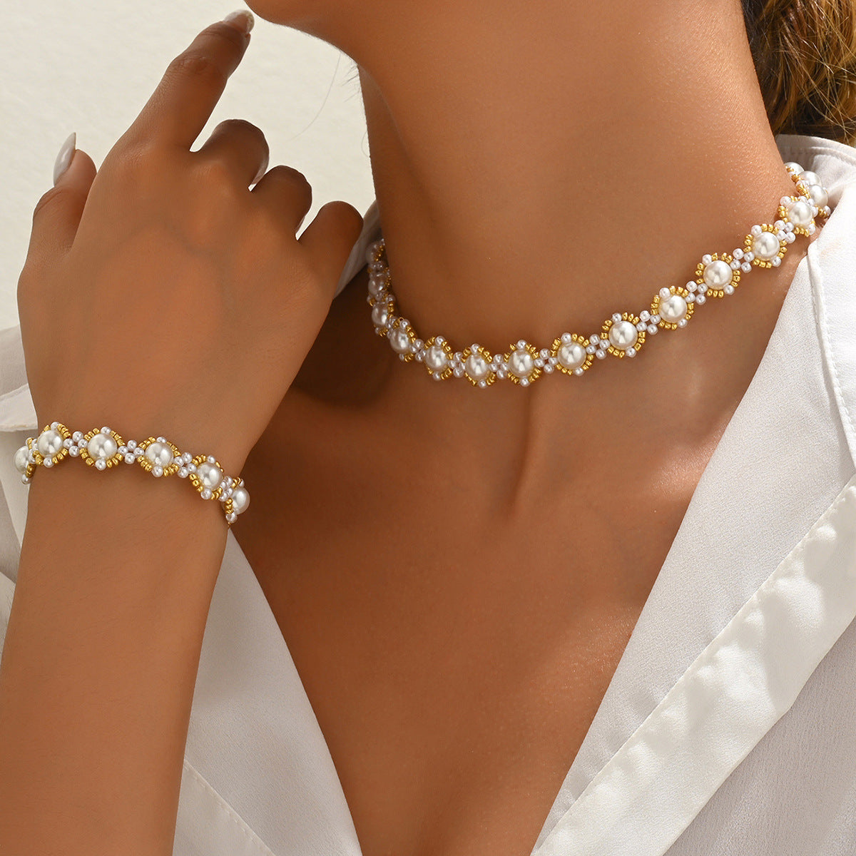Set collana a pendente lungo da donna in stile geometrico con perline in lega di zinco e catena di perle per abbigliamento casual alla moda