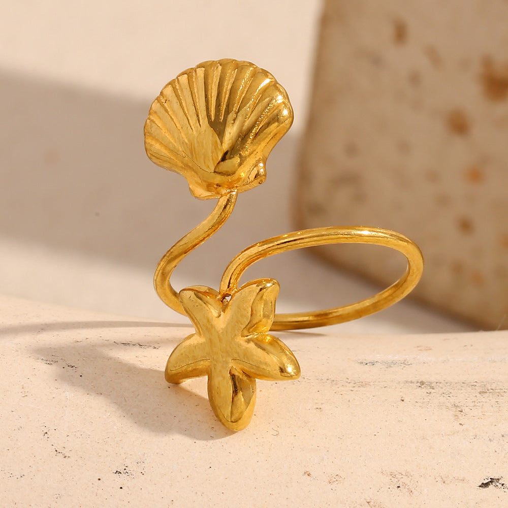 Anello da donna alla moda a forma di stella in acciaio inossidabile con placcatura in oro 18 carati e inserto in conchiglia
