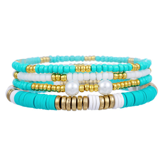 Set de pulseras bohemias apilables de cuentas con arcilla polimérica, formas geométricas y detalles de perlas de colores para mujer
