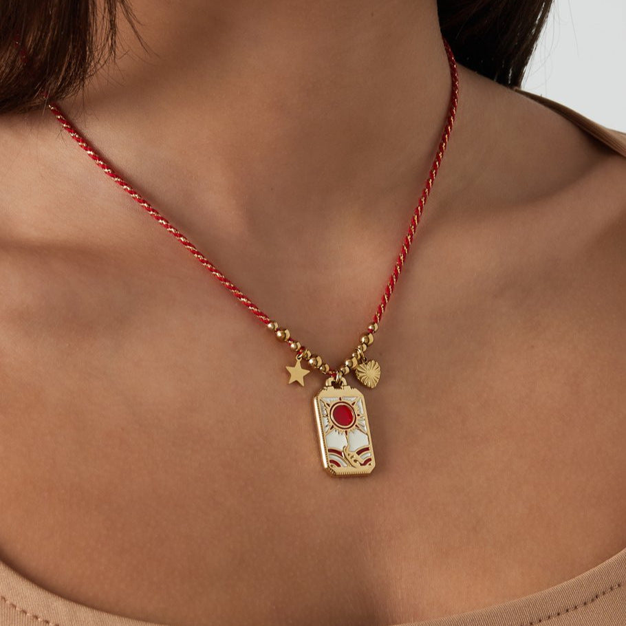 Vintage Geometric Evil Eye Tarot Pendant Necklace in Plated Copper with Colorful Enamel Detail for Women