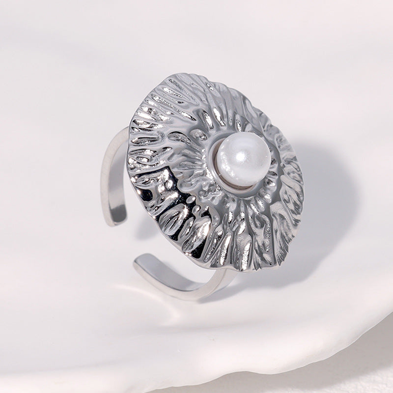 Minimalist Geometric Stainless Steel Ring for Women with 18K Gold Plating and Textured Pleated Detail