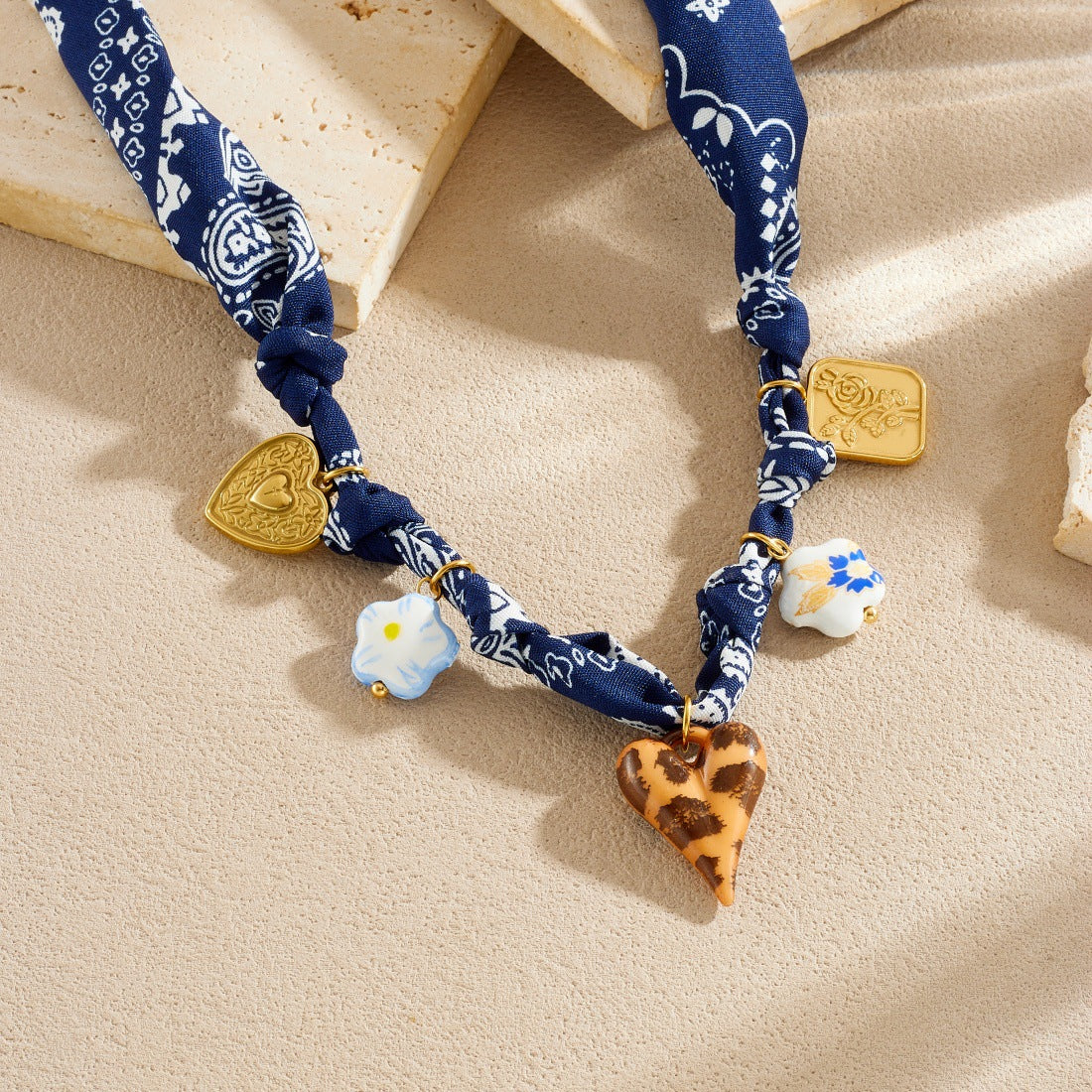 Vintage Gold Plated Stainless Steel Heart Square Floral Leopard Print Ceramic Pendant Rope Chain Necklace for Women