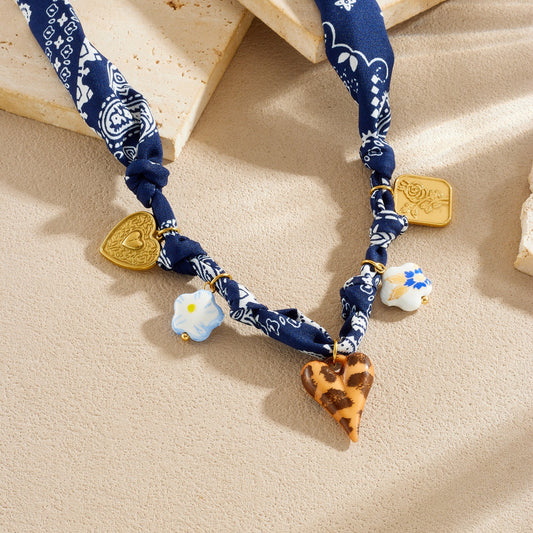 Vintage Gold Plated Stainless Steel Heart Square Floral Leopard Print Ceramic Pendant Rope Chain Necklace for Women